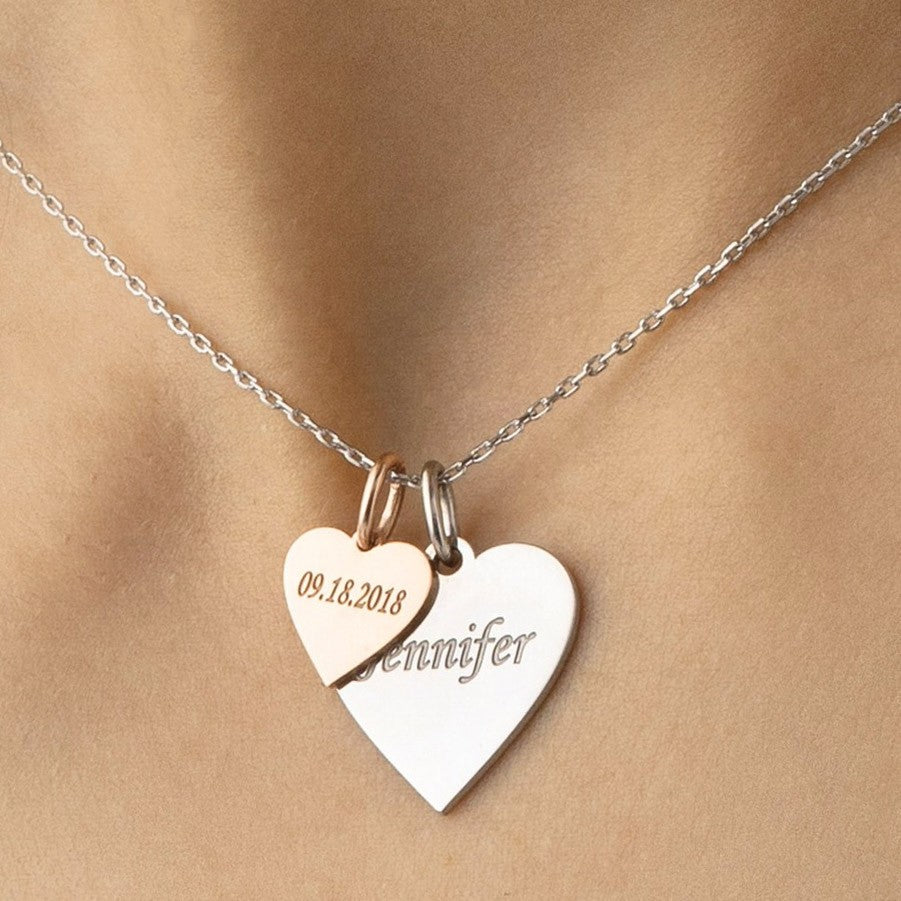 Custom Heart Name Necklace, Engraved Necklace with Name, Double Heart Necklace, Sterling Silver Necklace, Gift for Her/Mom/Wife