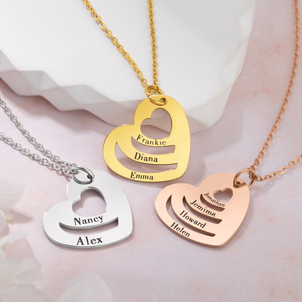 Custom Multiple Name Heart Pendant Necklace, Stainless Steel 2-6 Names Necklace, Kids Name Necklaces for Mom, Gift for Mother/Grandma/Family