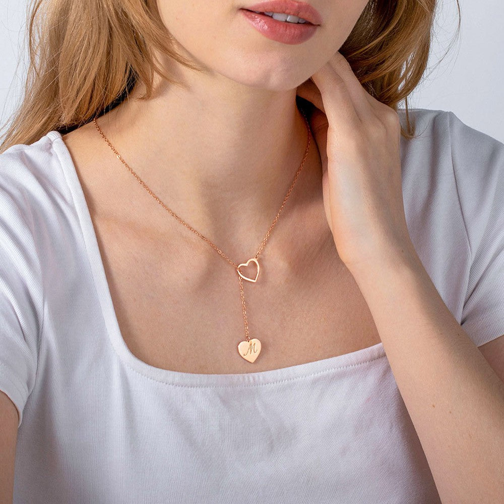 Heart Lariat Necklace with Initial, Personalized Y Necklace with Heart Charm, Customized Heart Necklace, Lariat Initial Drop Chain, Gift for Woman/Her