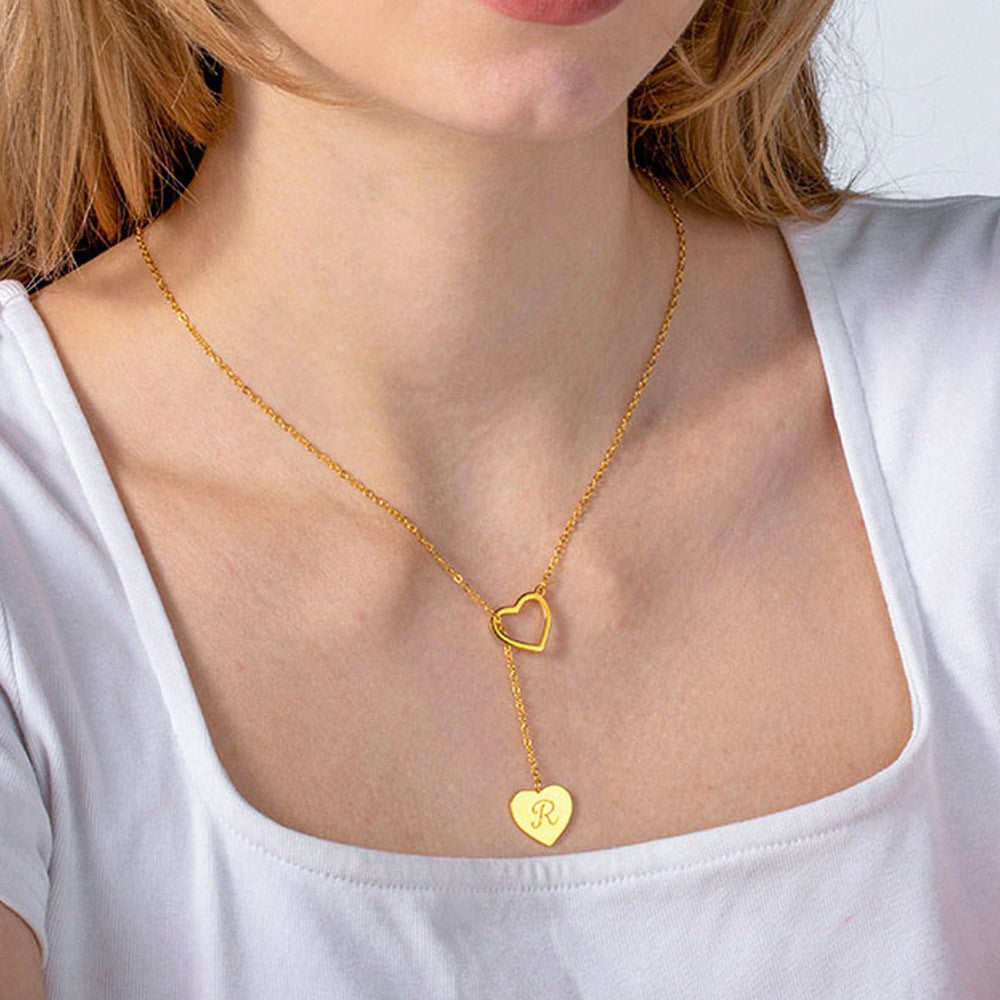 Heart Lariat Necklace with Initial, Personalized Y Necklace with Heart Charm, Customized Heart Necklace, Lariat Initial Drop Chain, Gift for Woman/Her