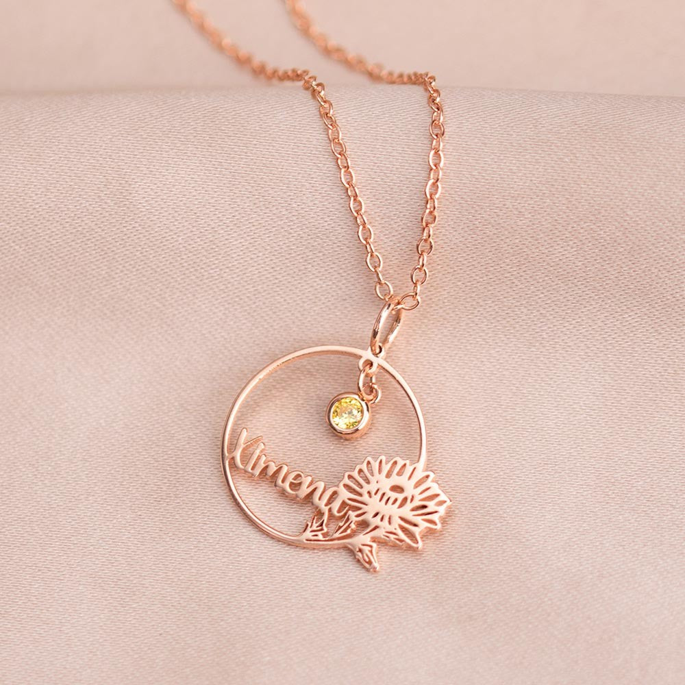 Collana personalizzata con pietra portafortuna e fiore portafortuna, graziosa collana con cerchio con nome, regalo per la festa della mamma, regalo di compleanno/matrimonio per damigella d'onore/amica