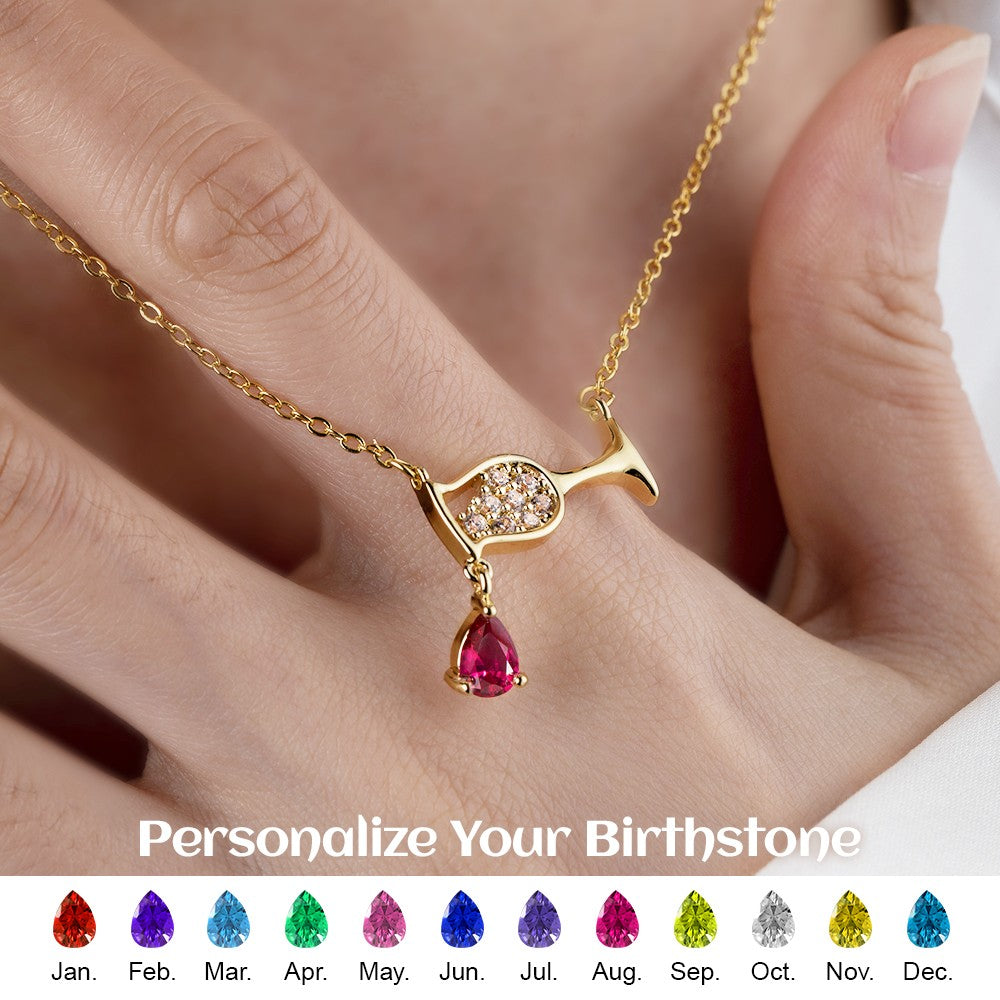 Wine Glass Ruby Birthstone Necklace, Wine Bottle Cup Cubic Zircon Pendant Necklace, Birthday Gift for Women/Wine Lover/Bartender Full Birthstone