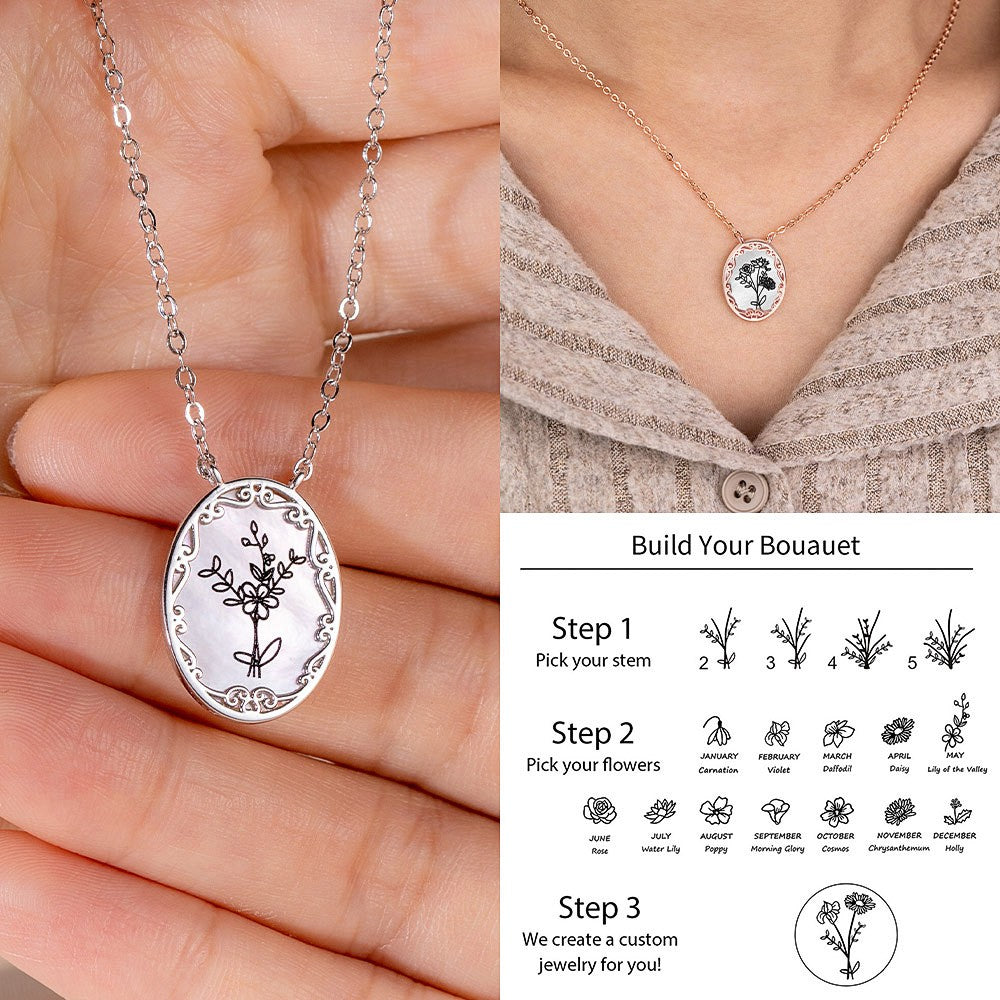 Collana con ciondolo a forma di bouquet di fiori di nascita personalizzati, collana floreale in argento sterling 925, gioielli da damigella d'onore, regalo di Natale/compleanno per famiglia/amico/amante