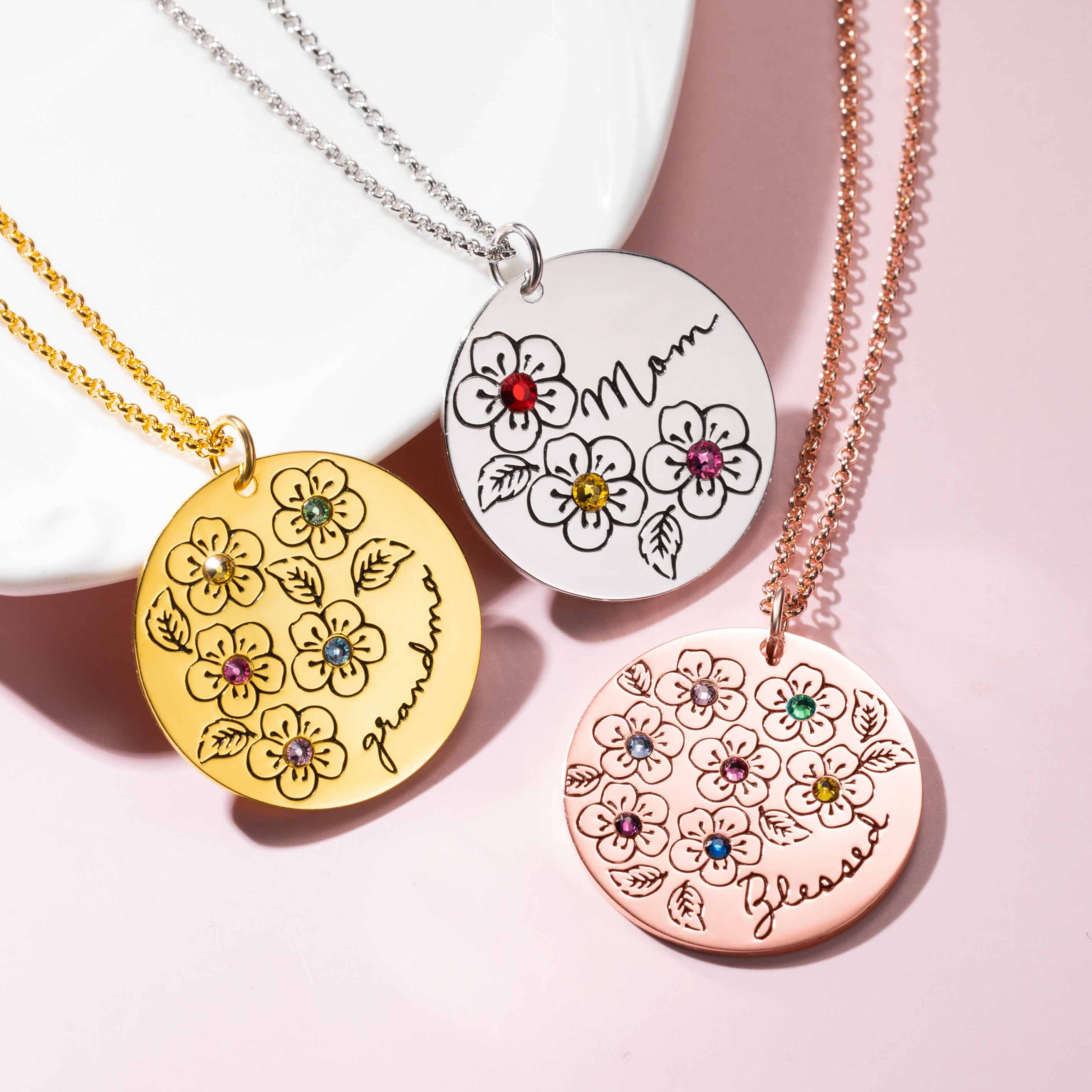 Collana con fiore con pietra portafortuna personalizzata, regalo per la mamma - acciaio inossidabile 