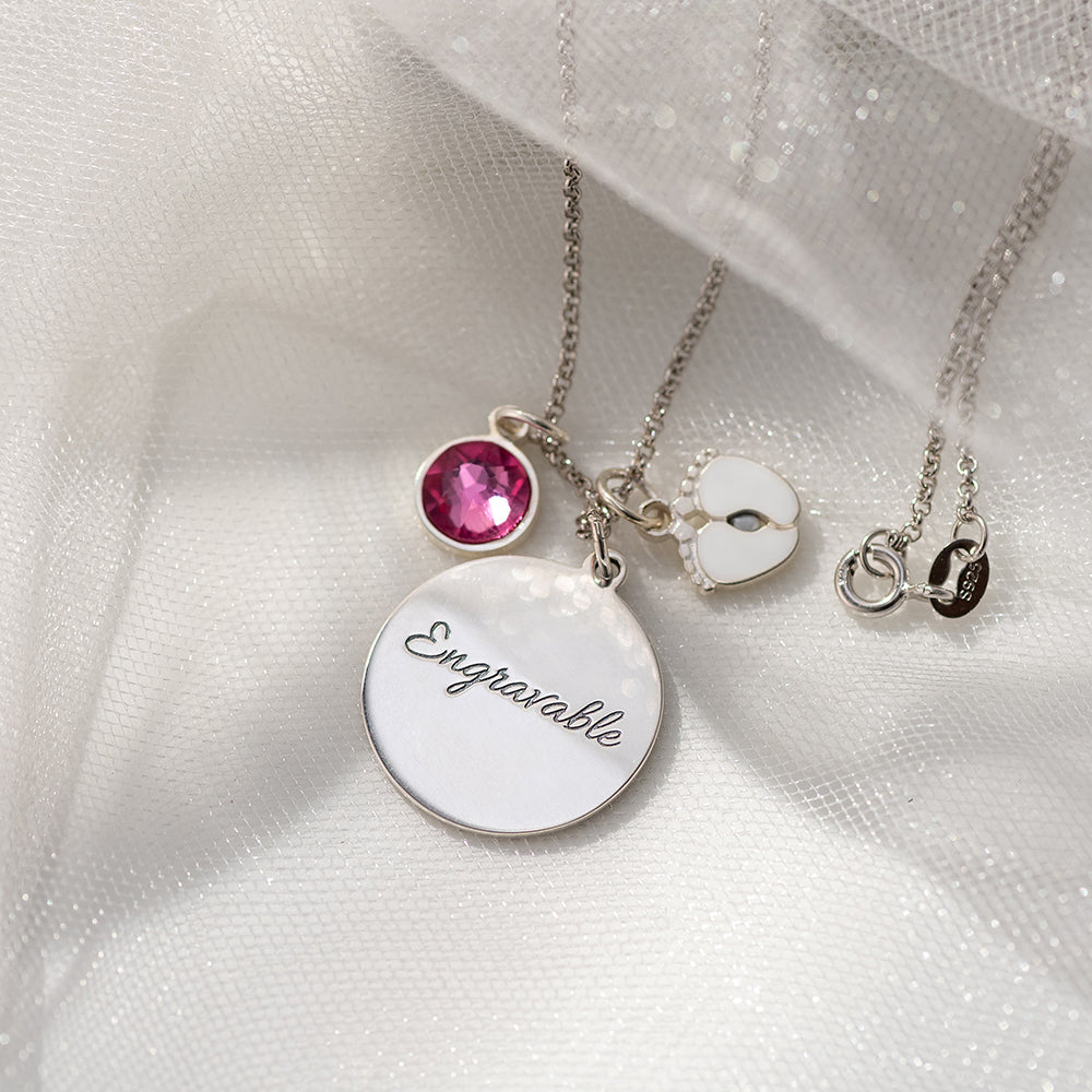 Birthstone Photo-Engraved Necklace with Baby Feet Sterling Silver