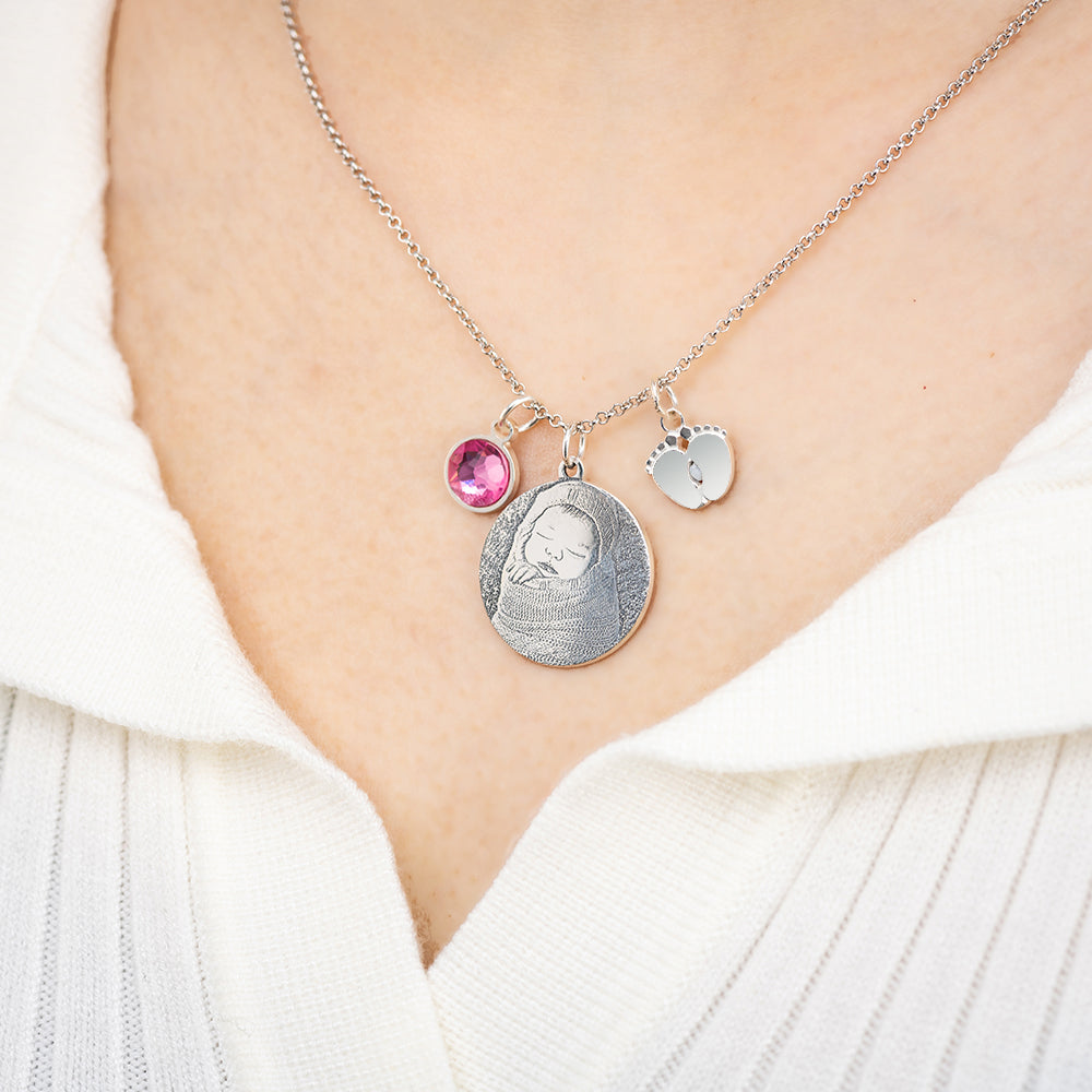 Birthstone Photo-Engraved Necklace with Baby Feet Sterling Silver