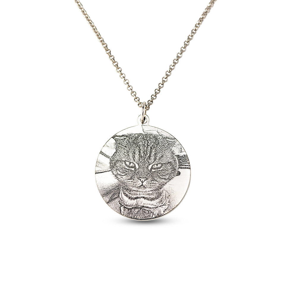 Collana personalizzata con foto incisa di gatto in argento sterling 