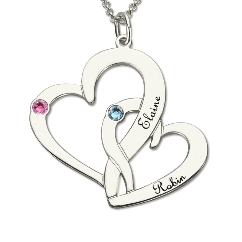 Interlocking Two-Heart Necklace with Names & Birthstones