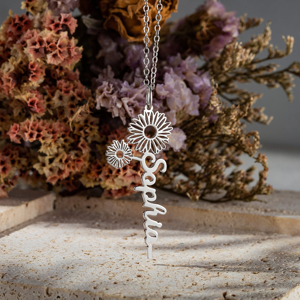 Dainty Floral Name Necklace with Birth Flower Sterling Silver 925