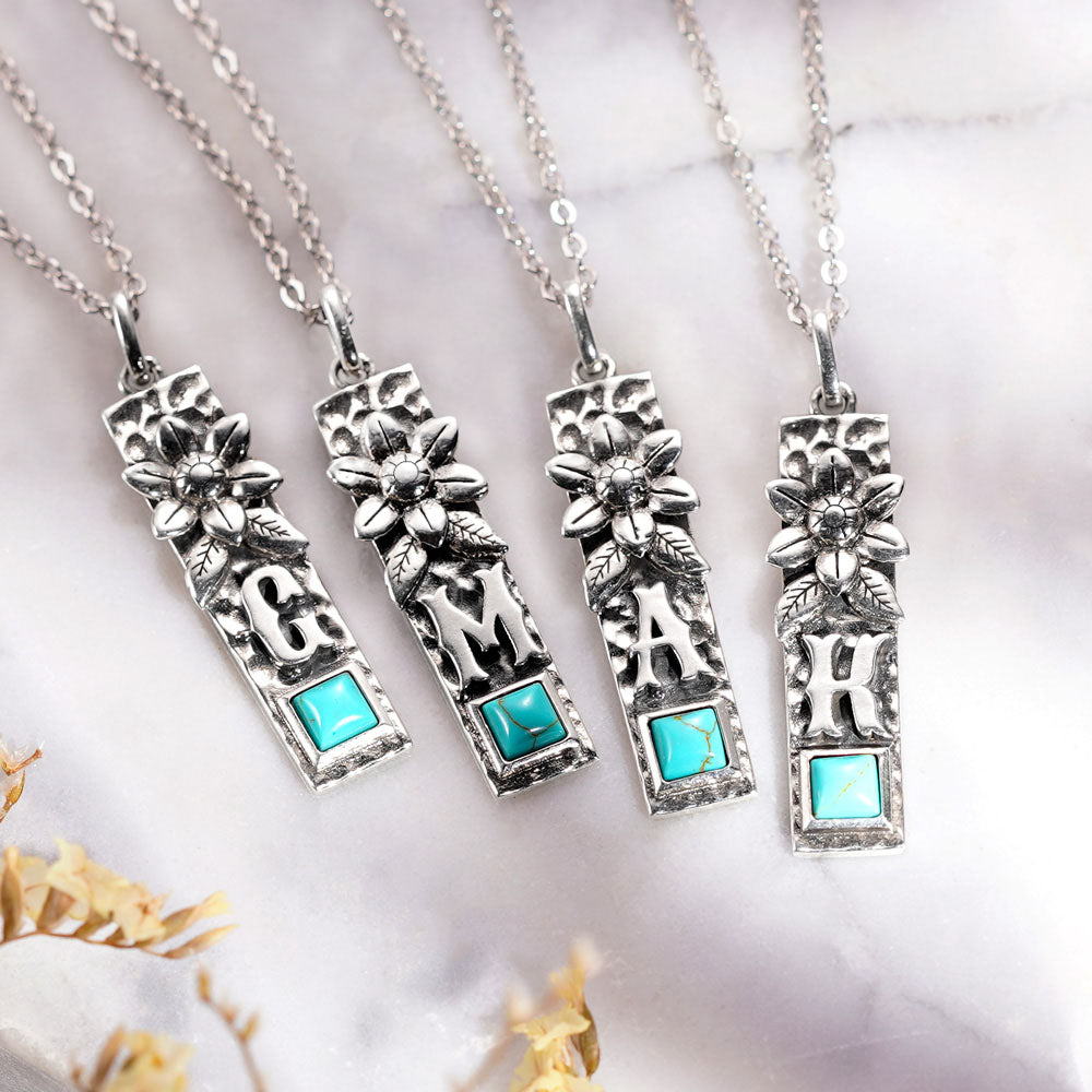 Personalized Vertical Bar Initial Necklace Turquoise Boho Style