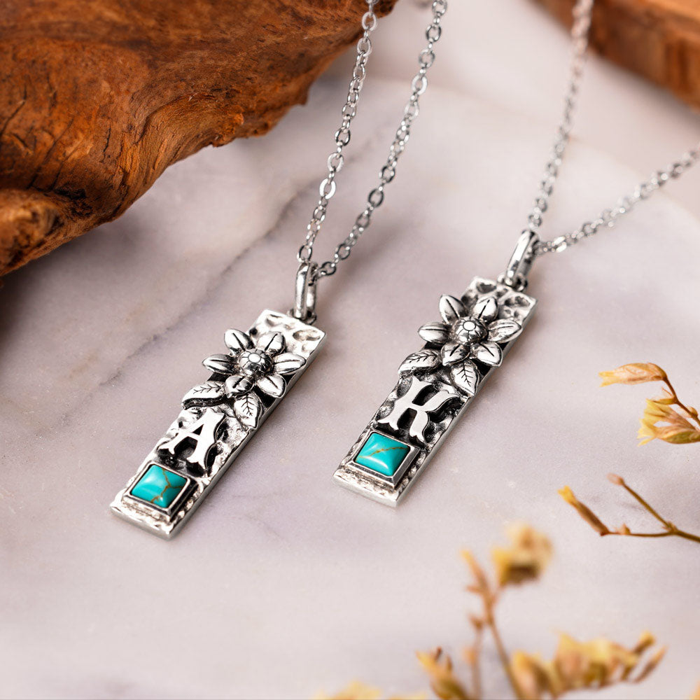 Personalized Vertical Bar Initial Necklace Turquoise Boho Style