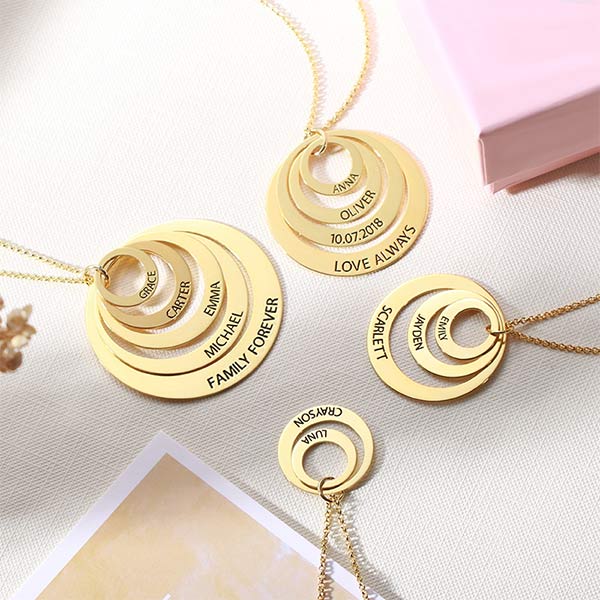 Engraved Family Stacked Circle Necklace Sterling Silver