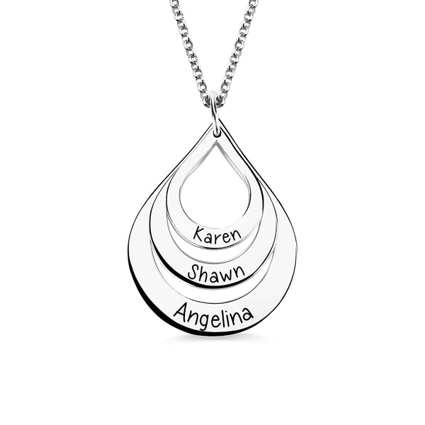 Collana in argento sterling con 3 nomi a forma di goccia incisa 