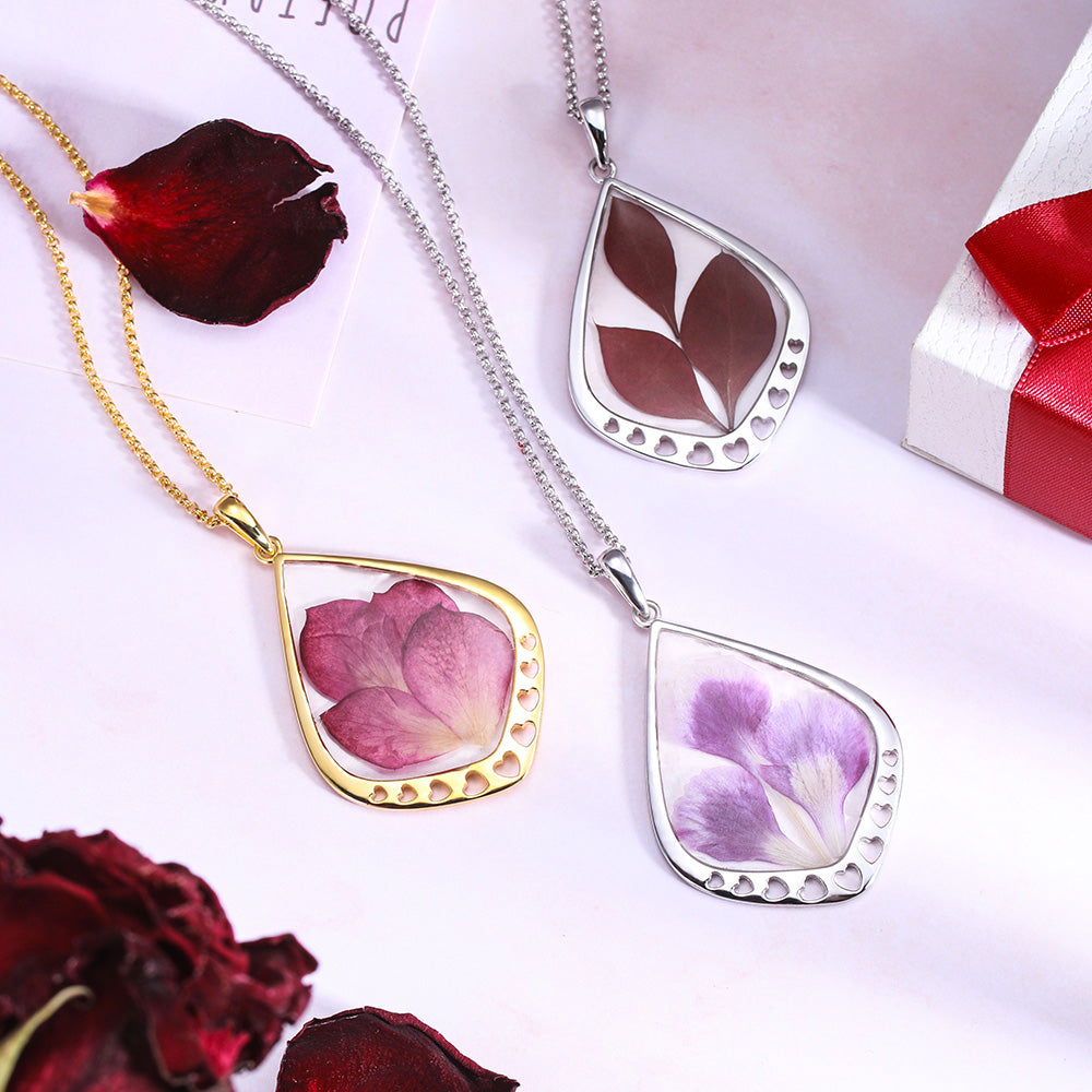 Personalized Birth Real Flower Drop Shape Necklace