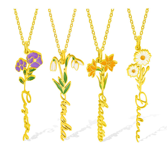 Personalized Birth Flower Name Necklace Stainless Steel