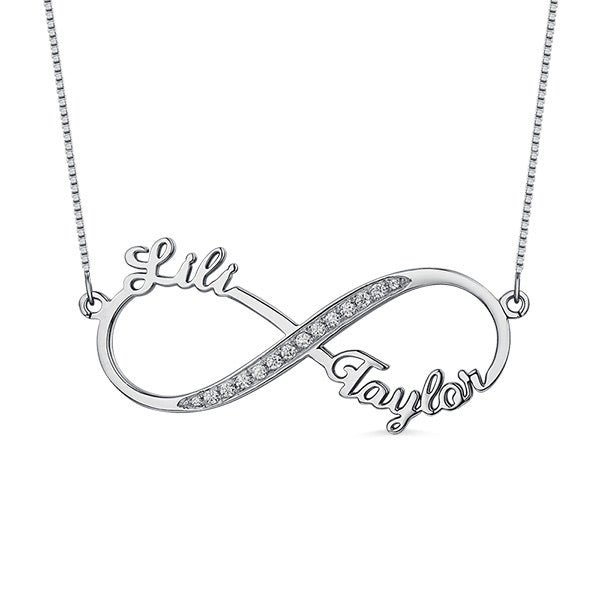 Collana personalizzata Infinity 2 nomi CZ in argento sterling 