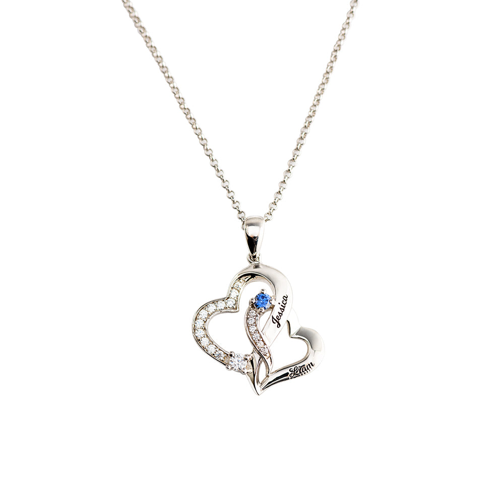 Collana personalizzata con doppio cuore con 2 nomi e pietre portafortuna in argento sterling