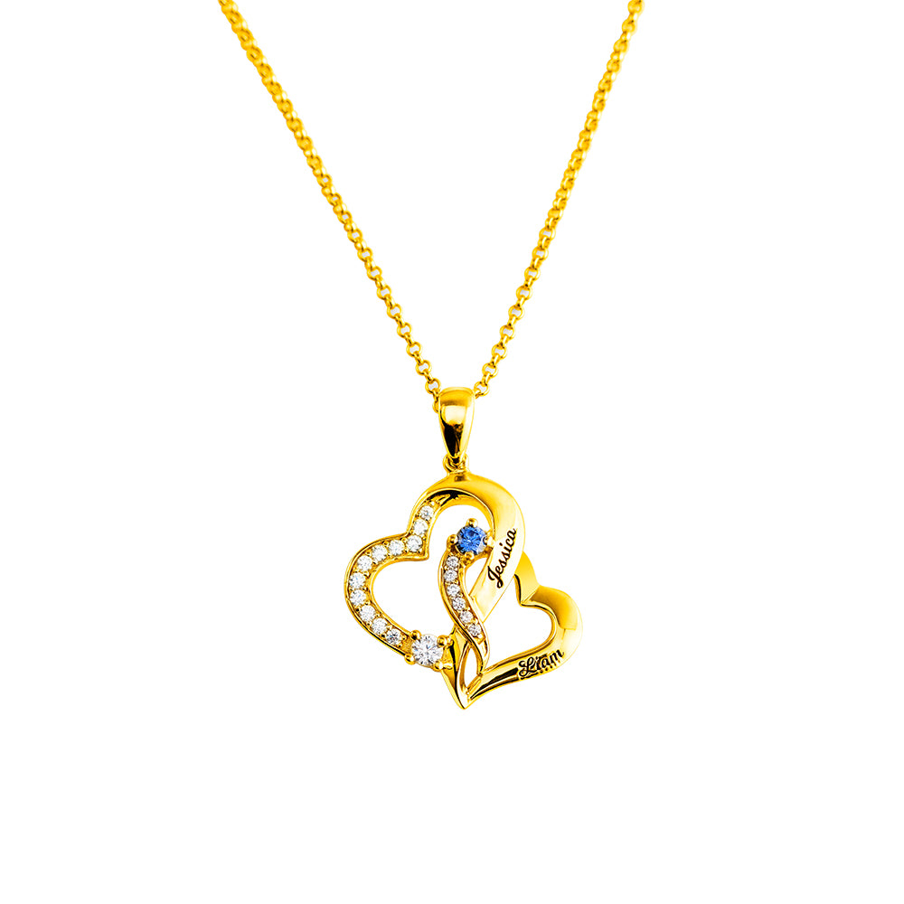 Collana personalizzata con doppio cuore con 2 nomi e pietre portafortuna in argento sterling