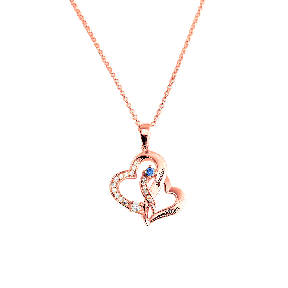 Collana personalizzata con doppio cuore con 2 nomi e pietre portafortuna in argento sterling