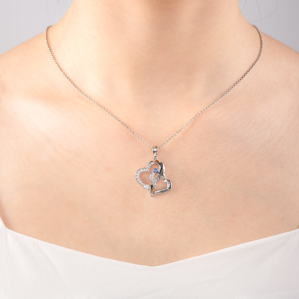 Collana personalizzata con doppio cuore con 2 nomi e pietre portafortuna in argento sterling