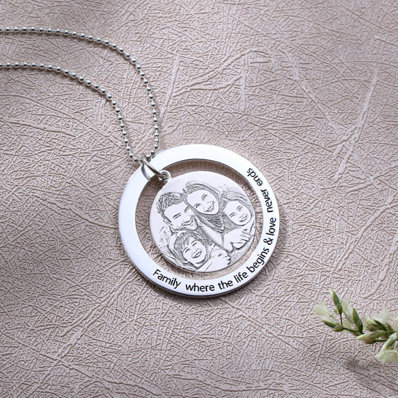 Circular Ring Pendant Engraved Circle Family Photo Necklace