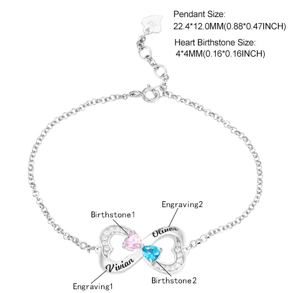 Personalized Double Heart Bracelet with Birthstones in Silver