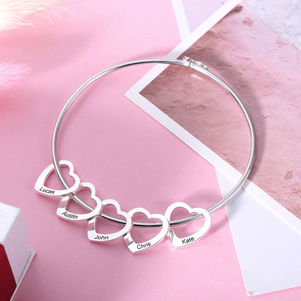 Personalized Bangle Bracelet with Heart Pendants in Silver