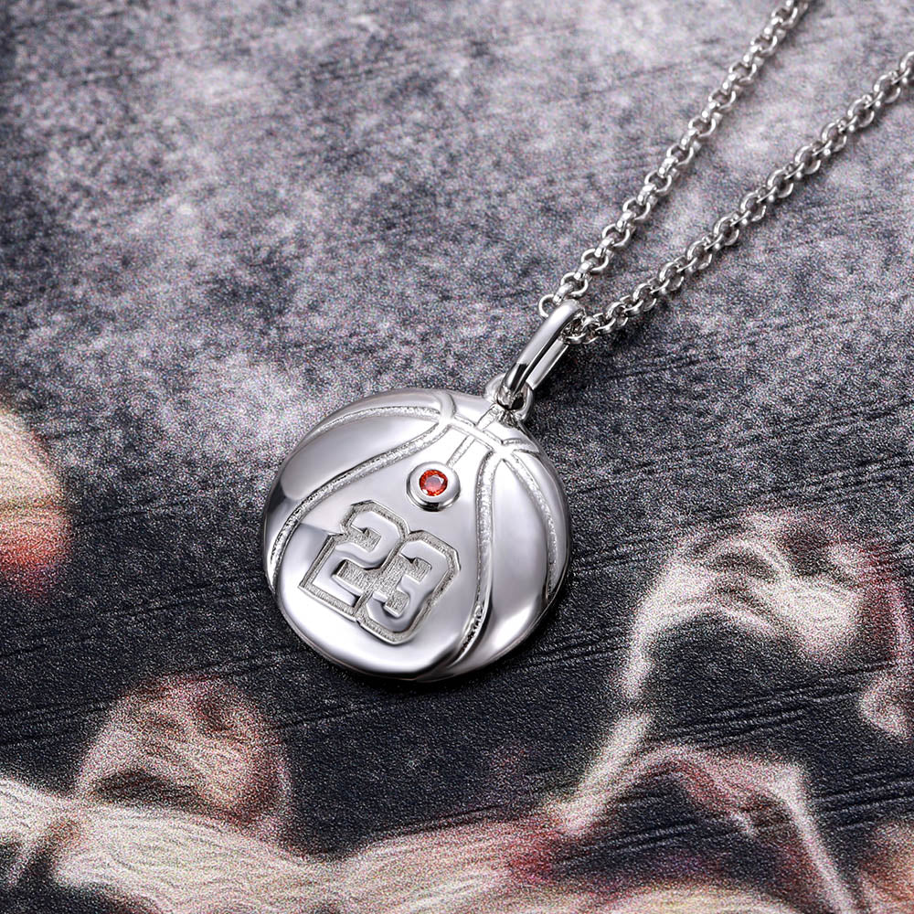 Engraved Basketball Necklace with Number And Birthstone in Silver