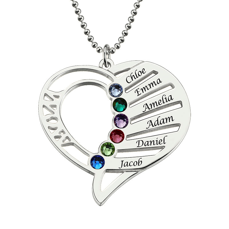 Collana con pietre portafortuna della mamma a forma di cuore incisa in argento sterling 