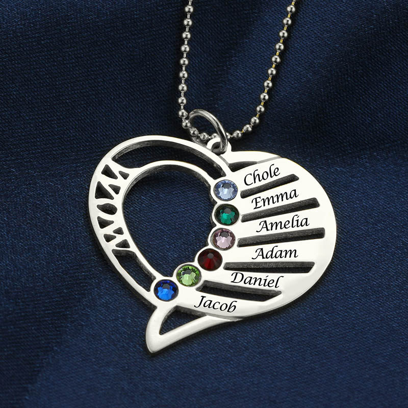 Collana con pietre portafortuna della mamma a forma di cuore incisa in argento sterling 