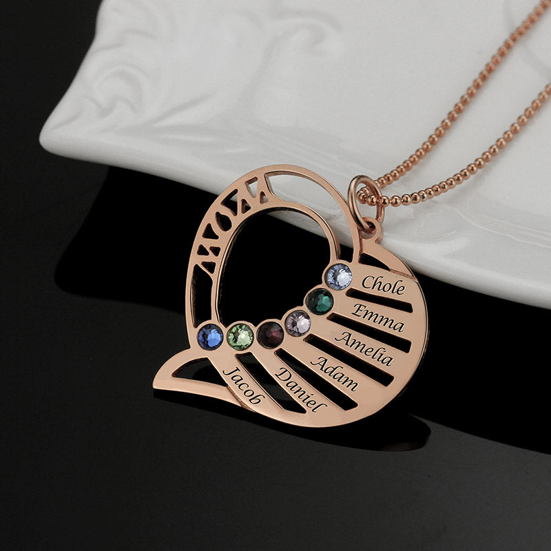 Engraved Heart Mother Birthstones Necklace Sterling Silver