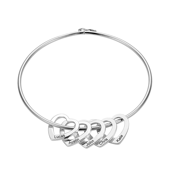 Personalized Bangle Bracelet with Heart Pendants in Silver