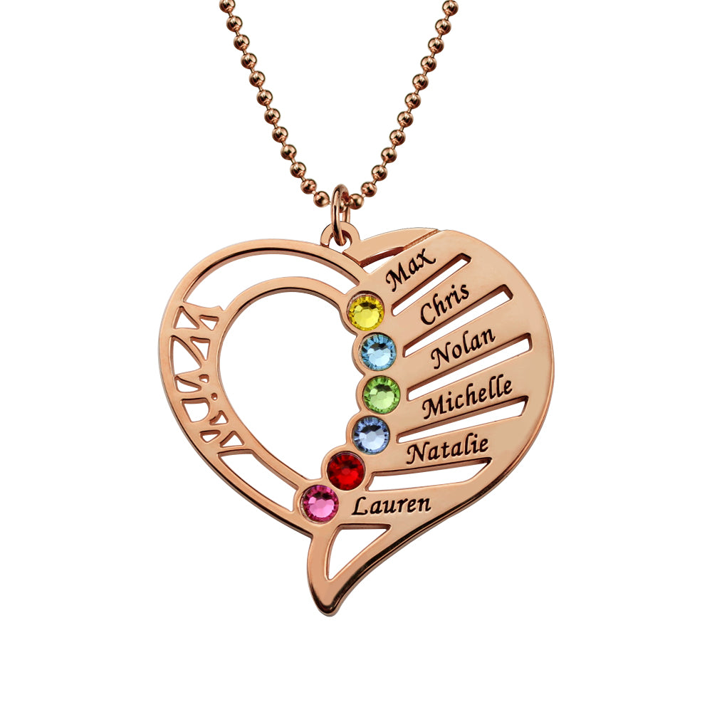 Engraved Heart Mother Birthstones Necklace Sterling Silver