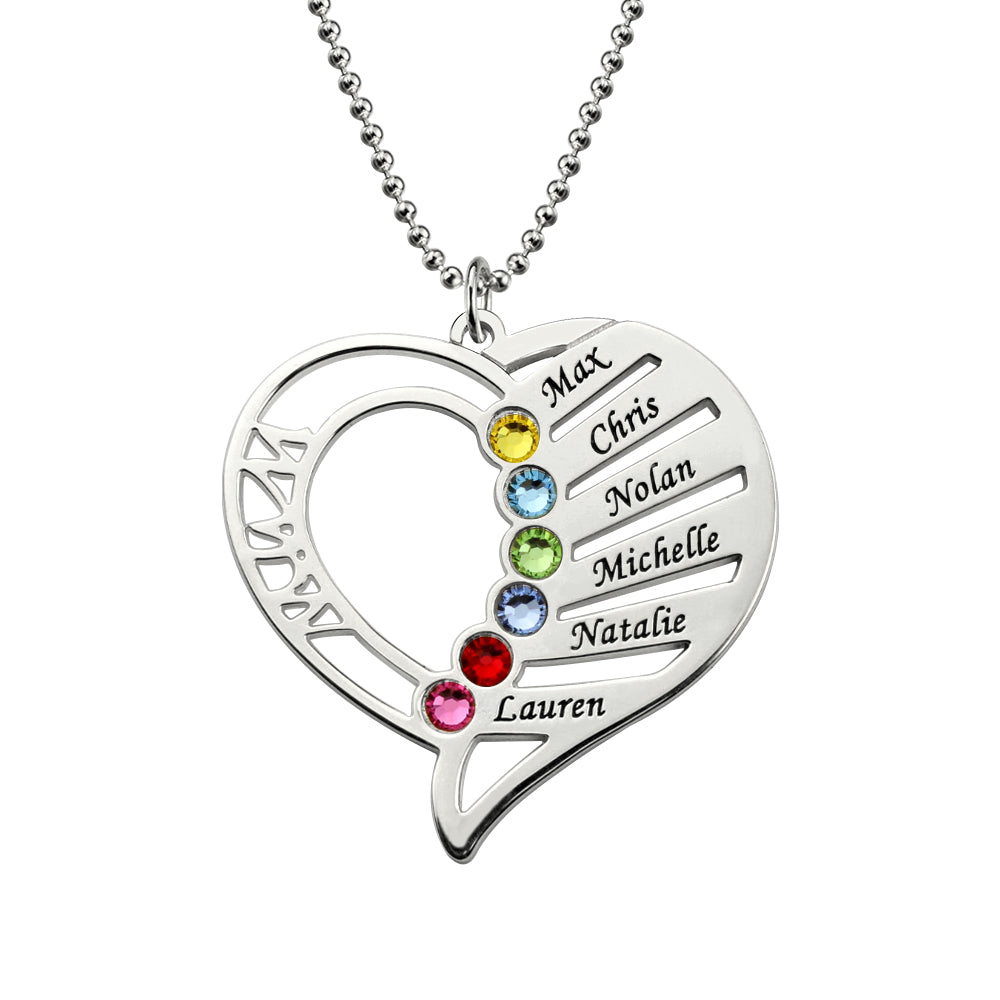 Collana con pietre portafortuna della mamma a forma di cuore incisa in argento sterling 