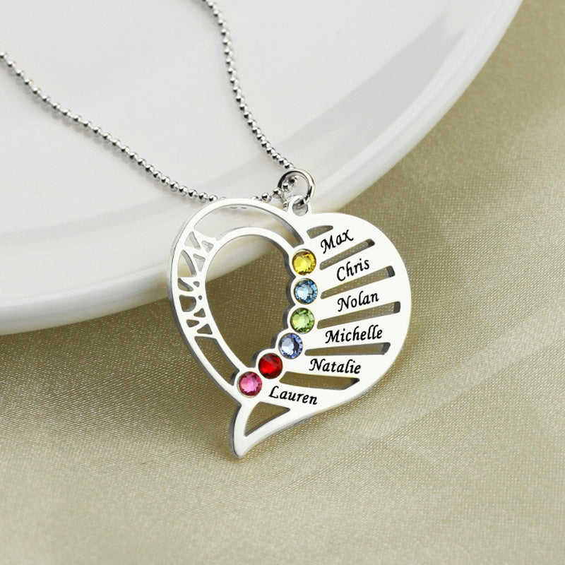 Engraved Heart Mother Birthstones Necklace Sterling Silver