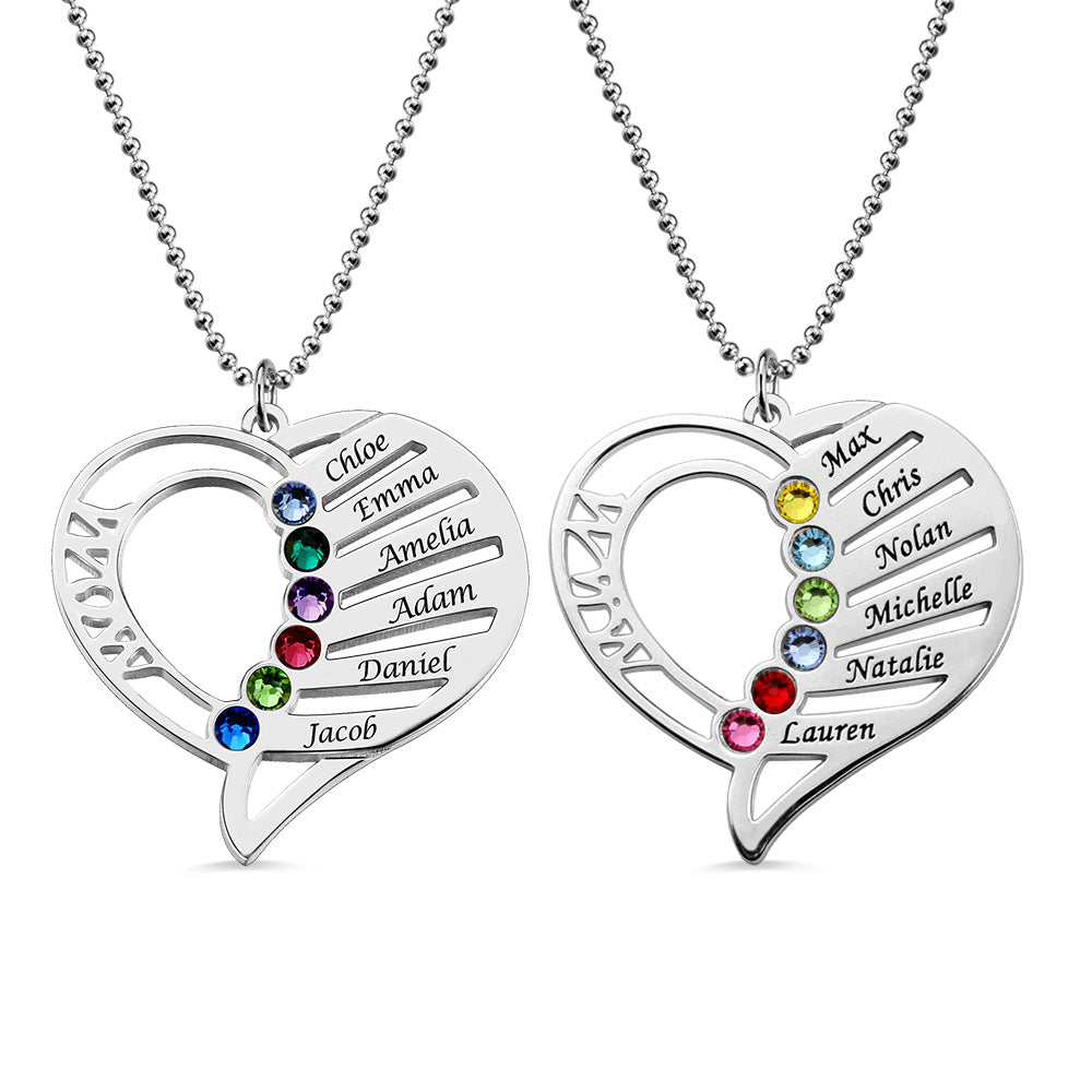 Collana con pietre portafortuna della mamma a forma di cuore incisa in argento sterling 