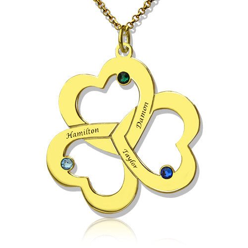 Birthstone Triple Heart 3 Names Necklace Engraved in Gold