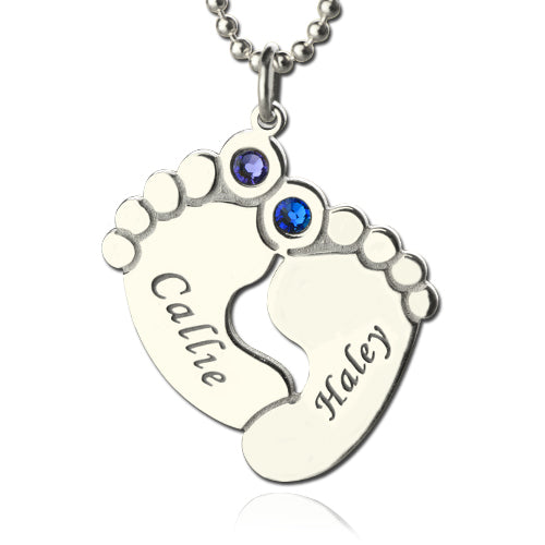 Personalized Baby Feet Name Necklace with Birthstone Silver