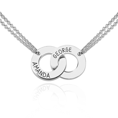 Engraved Interlocking Two Names Circle Necklace Sterling Silver