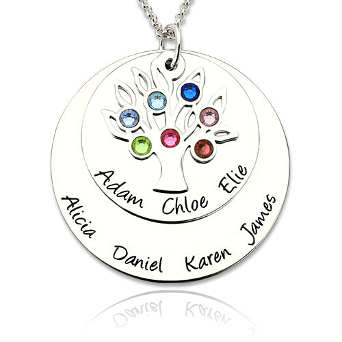 Personalized Silver Disc Family Tree Necklace With Birthstones