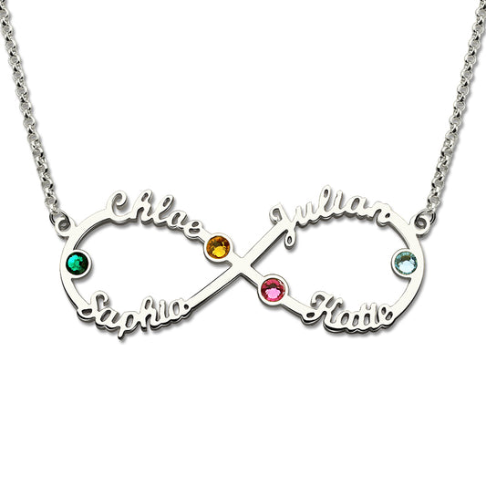 Personalized Infinity Four Name Necklace With Birthstones Silver