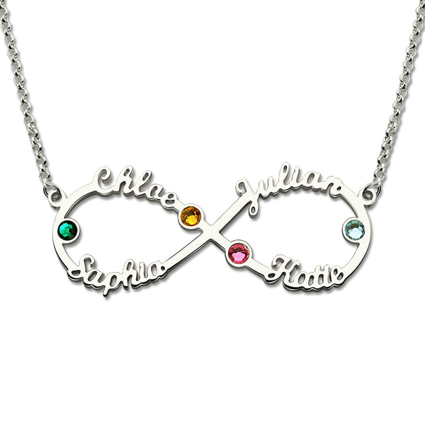 Personalized Infinity Four Name Necklace With Birthstones Silver