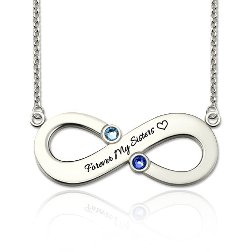 Engraved Infinity Necklace With Two Birthstones Sterling Silver