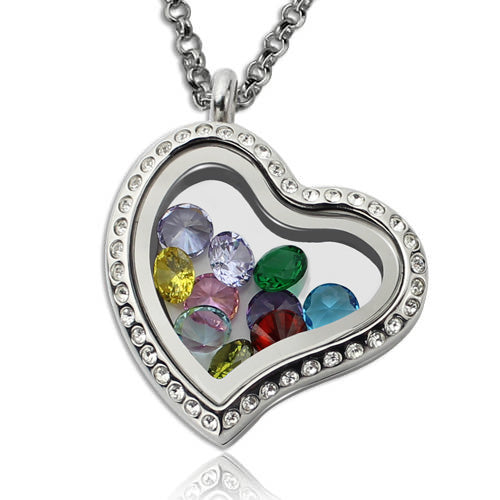 Birthstone Heart Floating Locket Necklace Stainless Steel