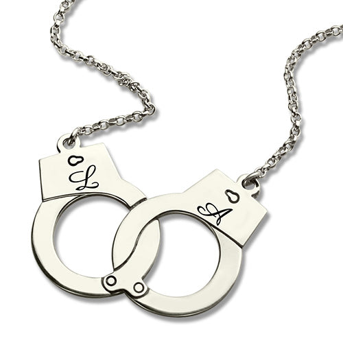 Initial Handcuff Necklace For Couple Sterling Silver