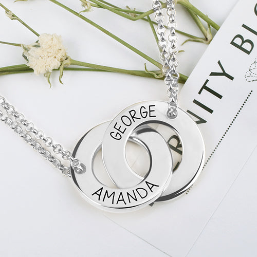 Engraved Interlocking Two Names Circle Necklace Sterling Silver