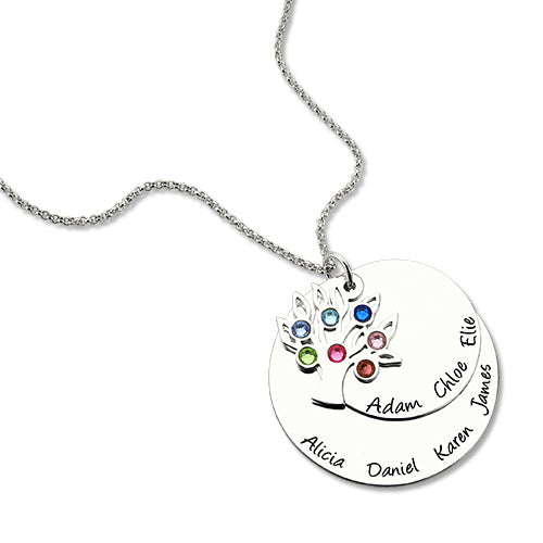 Personalized Silver Disc Family Tree Necklace With Birthstones