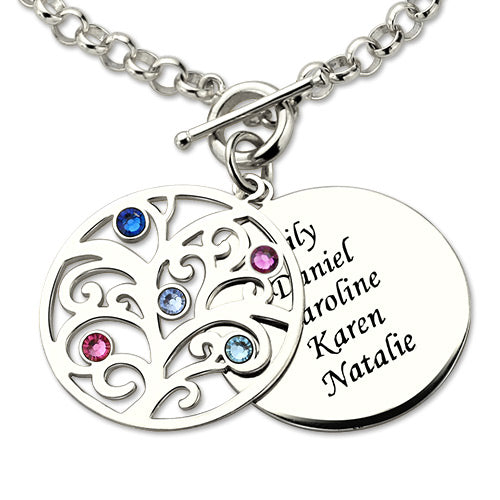 Engraved Family Tree Birthstone Bracelet Sterling Silver