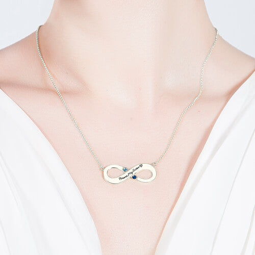 Engraved Infinity Necklace With Two Birthstones Sterling Silver