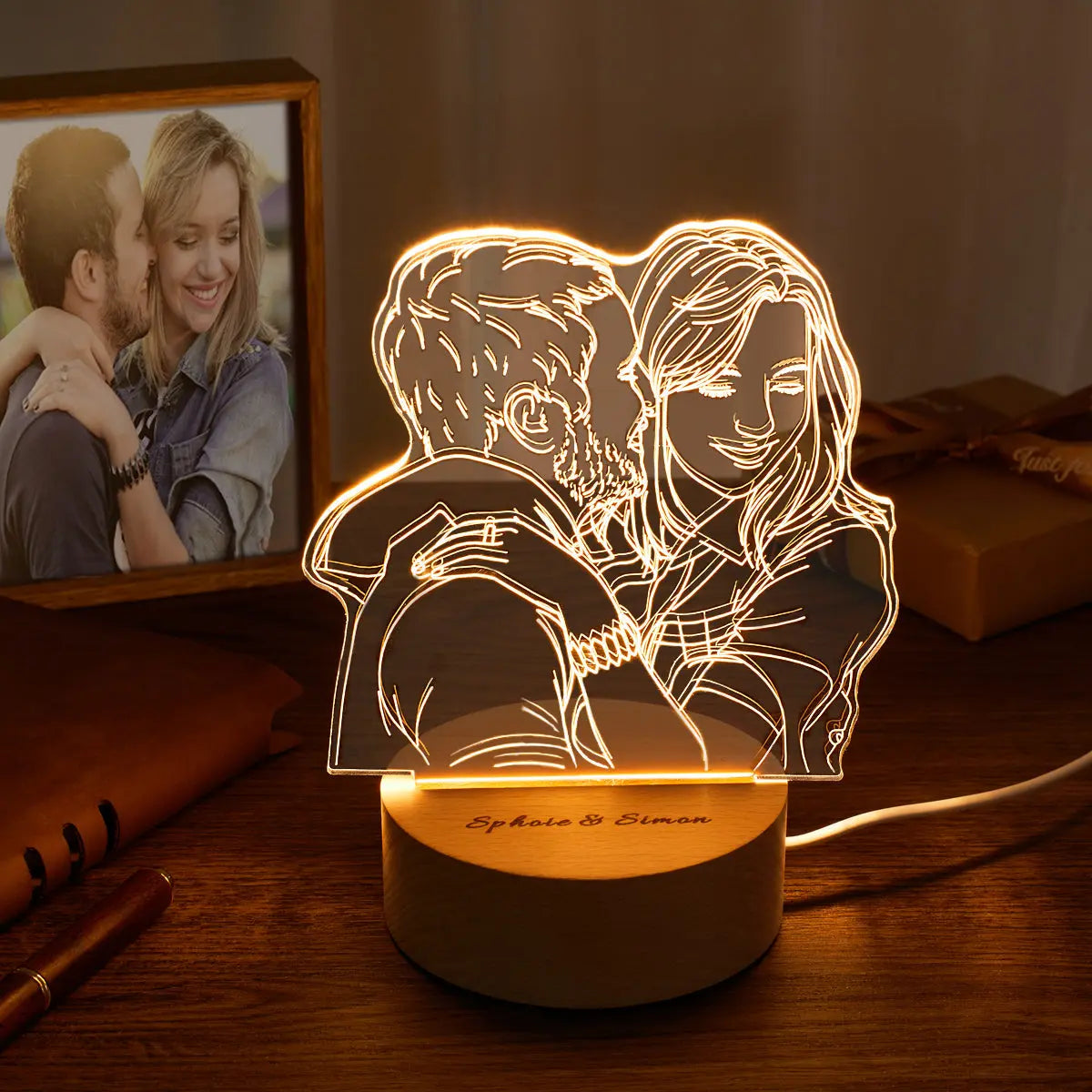 Lampada fotografica 3D in acrilico personalizzata con luci notturne a LED con base in legno